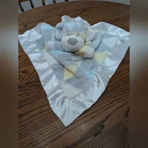 Baby Essentials Grey Blue Yellow dog  Security Blanket Loveywith Satin Edge.